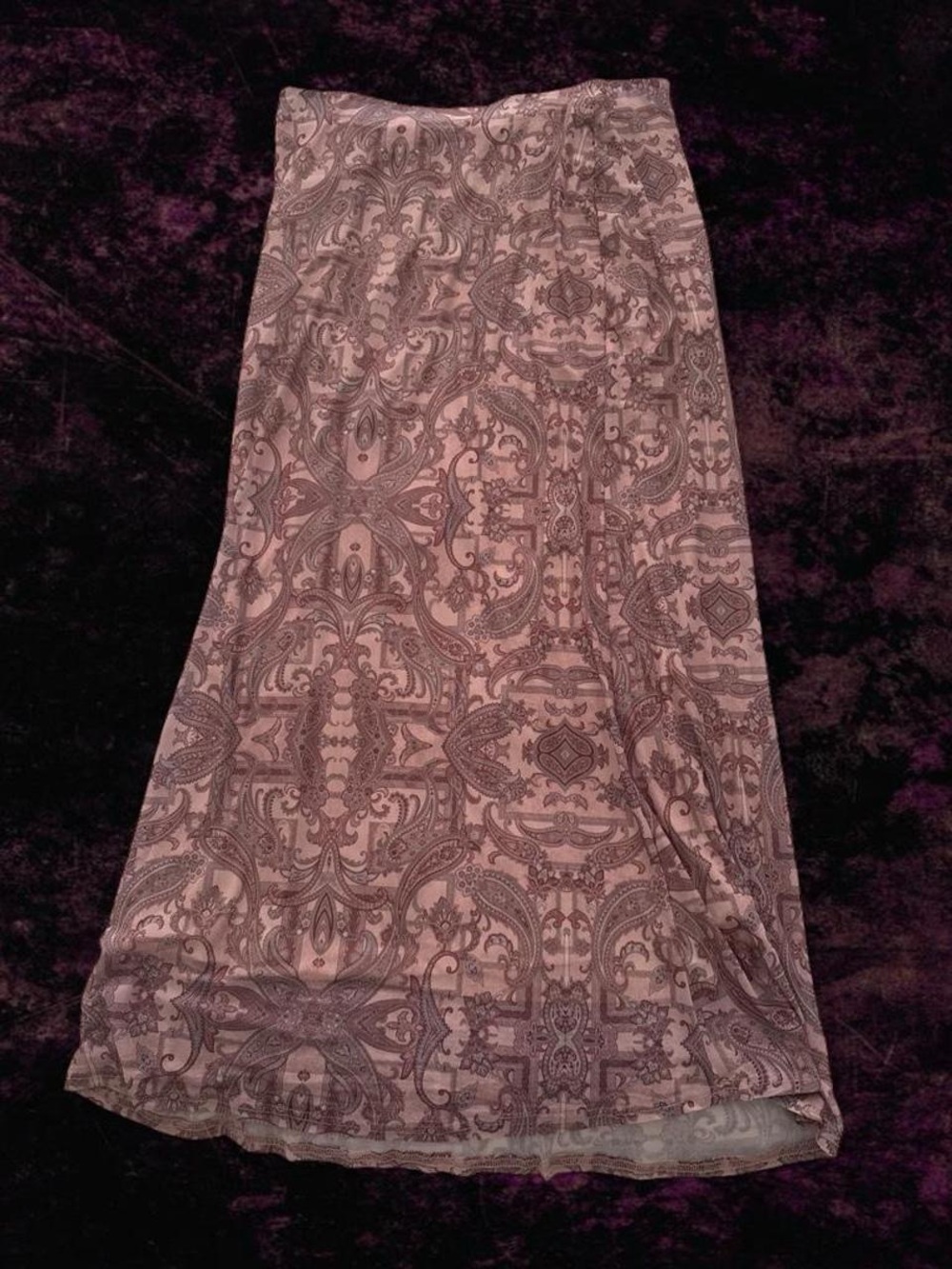Pink and primrose purple paisley maxi skirt with a boho vibe